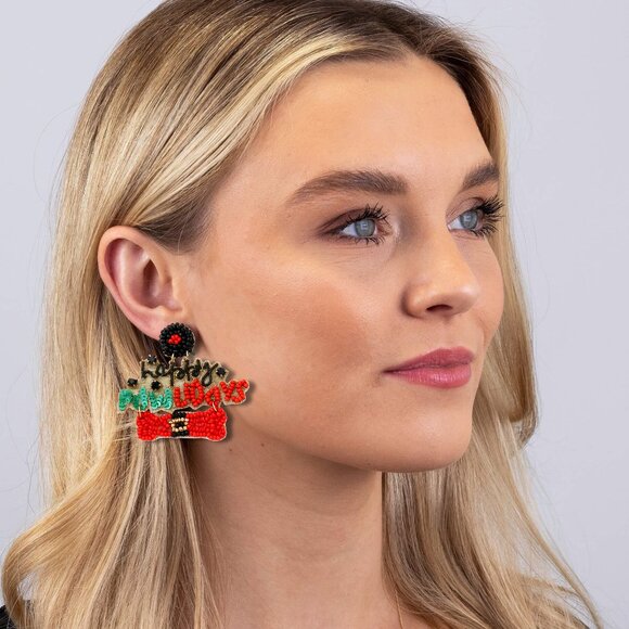 Dog Cat Pet Lovers Seed Beaded Rhinestone India Artisan Christmas Earrings NEW - Picture 2 of 4